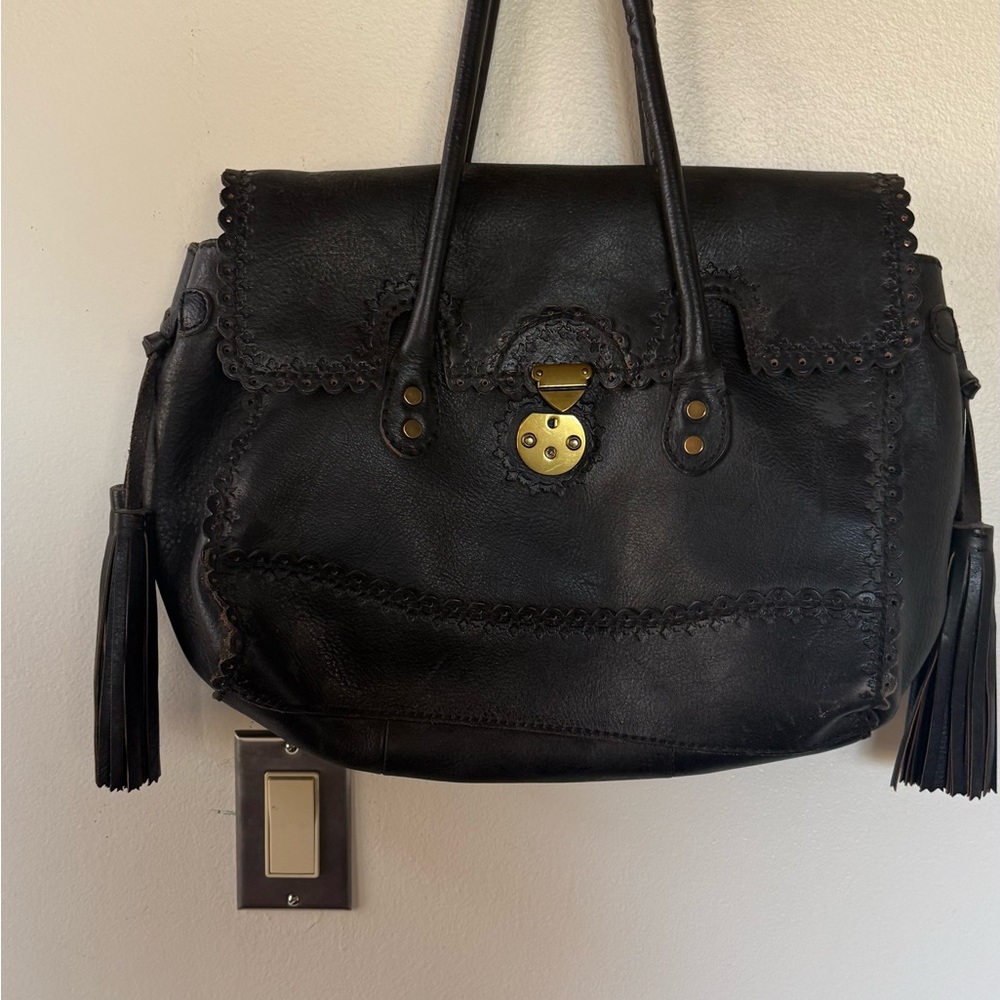 Isabella Fiore Black Leather Tote with Tassels and Gold-Tone Lock